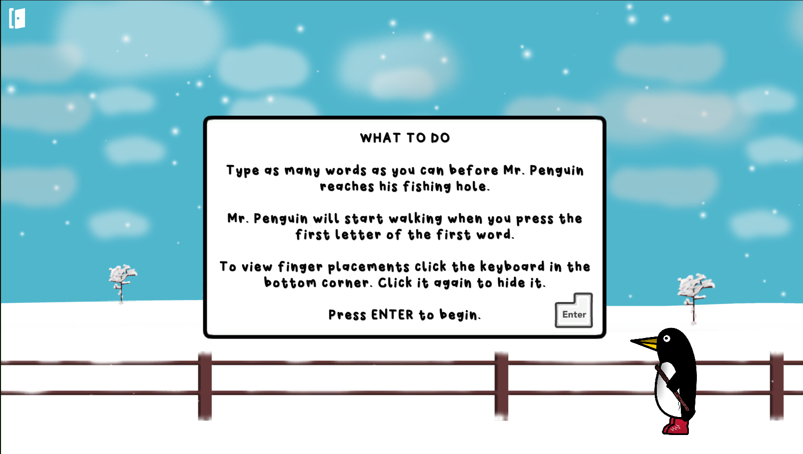 Screenshot of "Mr. Penguin's Touch Type Challenge" PC game